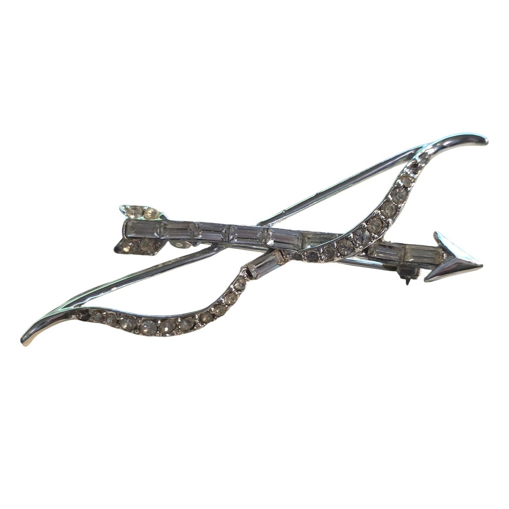 Art Deco Style Bow & Arrow Brooch Rhodium Plated‎ Clear Rhinestones 2"